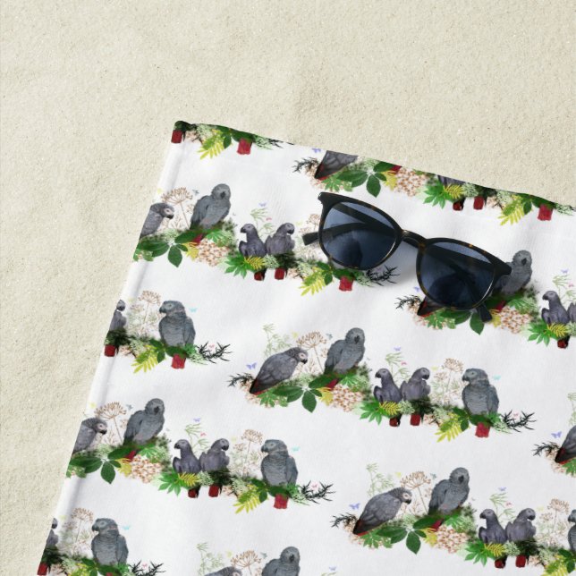 African Grey Parrot Party Beach Towel (In Situ)