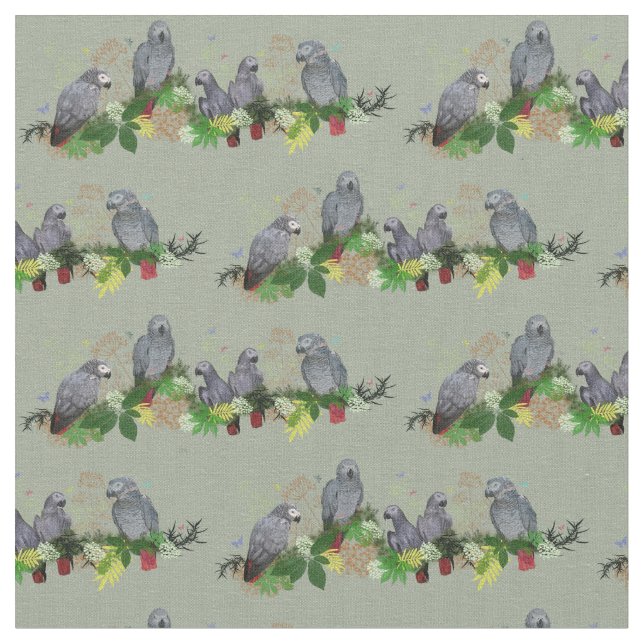 African Grey Parrot Party Fabric (Khaki) (Close Up)