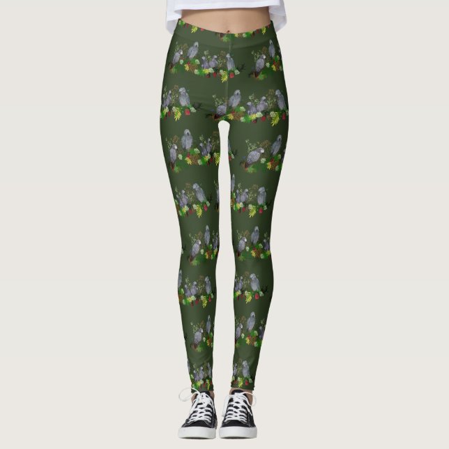 African Grey Parrot Party Leggings (Dark Green) (Front)