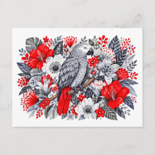 African Grey Parrot Red Hibiscus Botanical Illustr Postcard