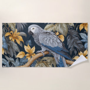 African Grey Parrot Tropical Leaves Beach Towel