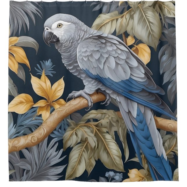African Grey Parrot Tropical Leaves Shower Curtain (Front)