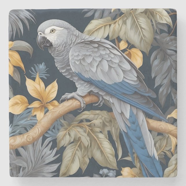 African Grey Parrot Tropical Leaves Stone Coaster (Front)