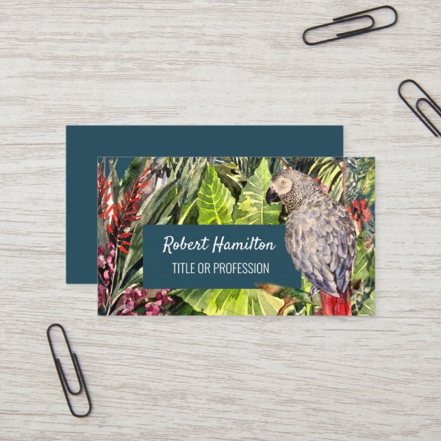 African grey parrot watercolor painting business card (Front/Back In Situ)