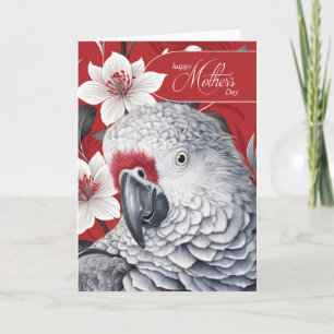 African Grey Parrot White Lilies Red Mother's Day Holiday Card