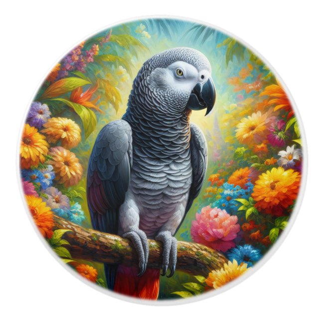 African Grey Parrot with Colourful Flowers Ceramic Knob (Front)