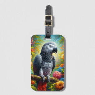 African Grey Parrot with Colourful Flowers Luggage Tag