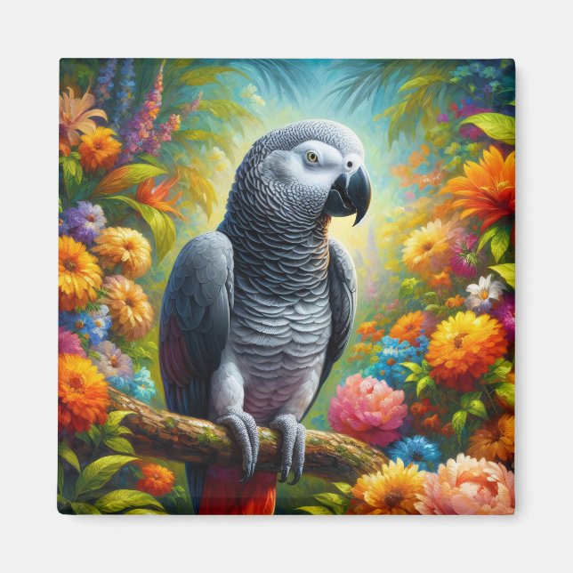 African Grey Parrot with Colourful Flowers Magnet (Front)