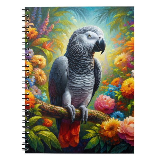 African Grey Parrot with Colourful Flowers Notebook (Front)