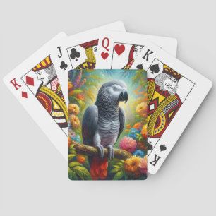 African Grey Parrot with Colourful Flowers Playing Cards