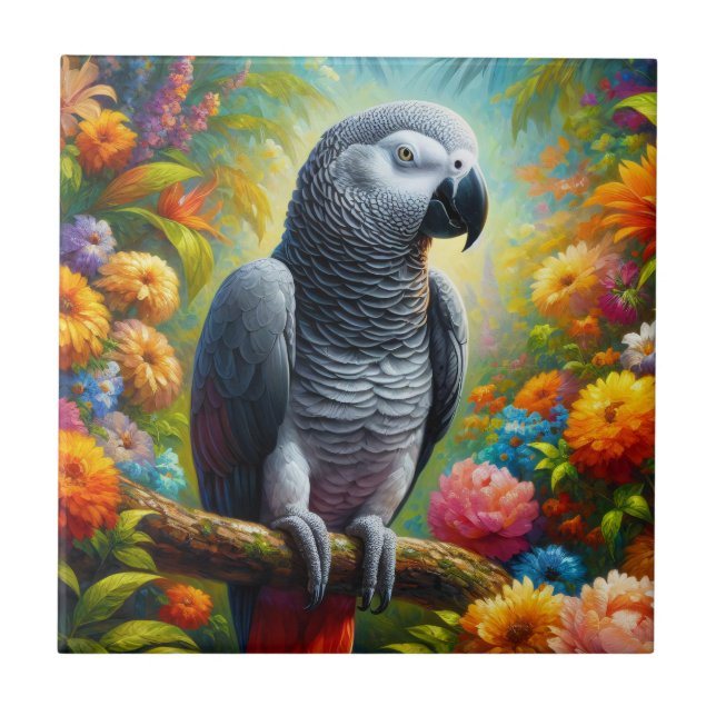 African Grey Parrot with Colourful Flowers Tile (Front)