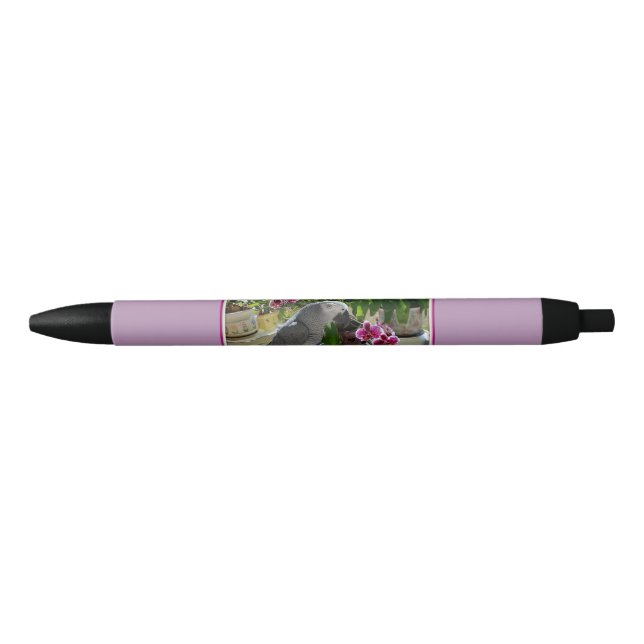 African Grey Parrot with Orchids Black Ink Pen (Front)
