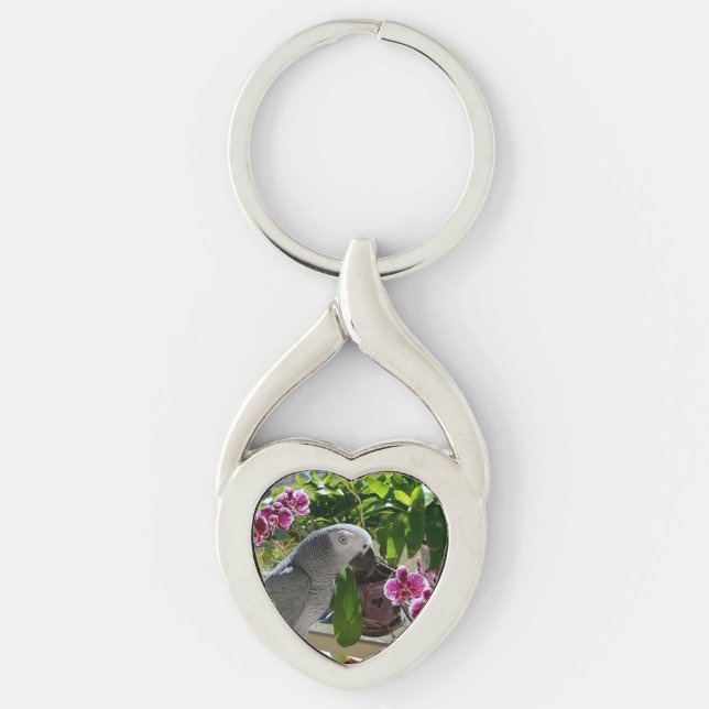 African Grey Parrot with Orchids Key Ring (Front)