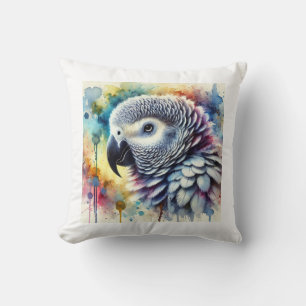 African Grey Parrot Yaco 060824AREF144 - Watercolo Cushion