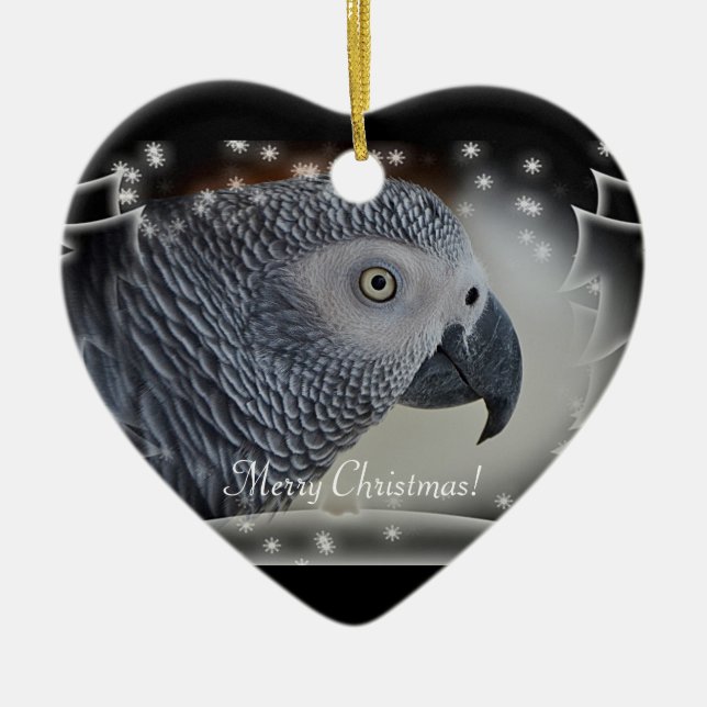 African Grey Snowy Christmas Ceramic Tree Decoration (Front)