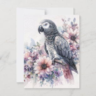 African Grey with Wildflowers Watercolor Art Postcard