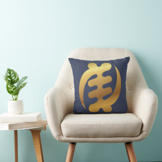 African Gye Nyame Shiny Gold Adinkra Symbol Blue Cushion