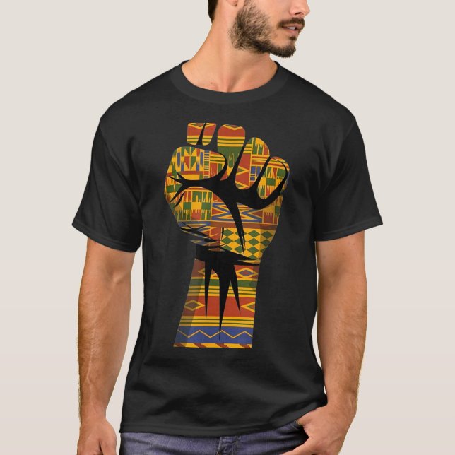 African kente pattern raised fist black power T-Shirt (Front)