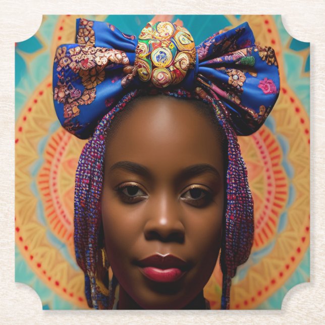African lady with big bow and medallion paper coaster (Front)