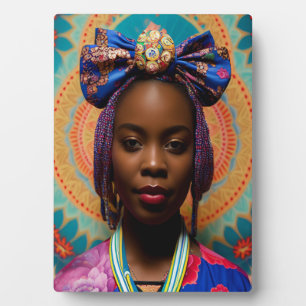 African lady with big bow and medallion plaque