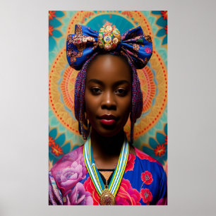 African lady with big bow and medallion poster