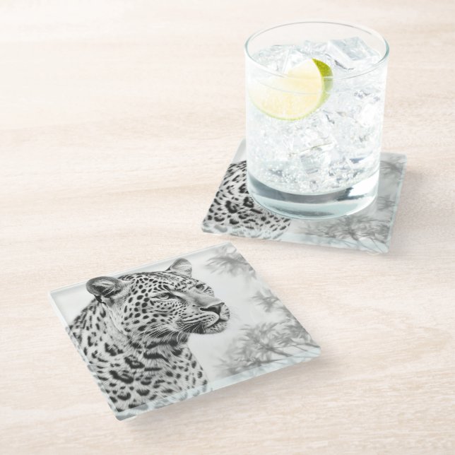 African Leopard Pencil Drawing   Glass Coaster (Angled)
