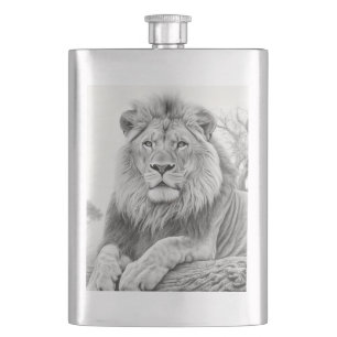 African Lion Pencil Drawing Hip Flask