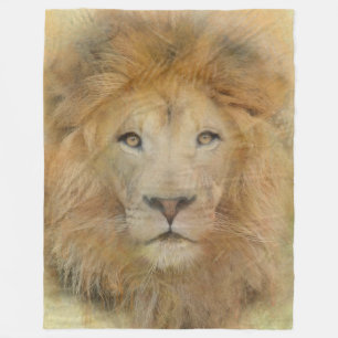 African Lion Wildlife Watercolor Portrait Fleece Blanket