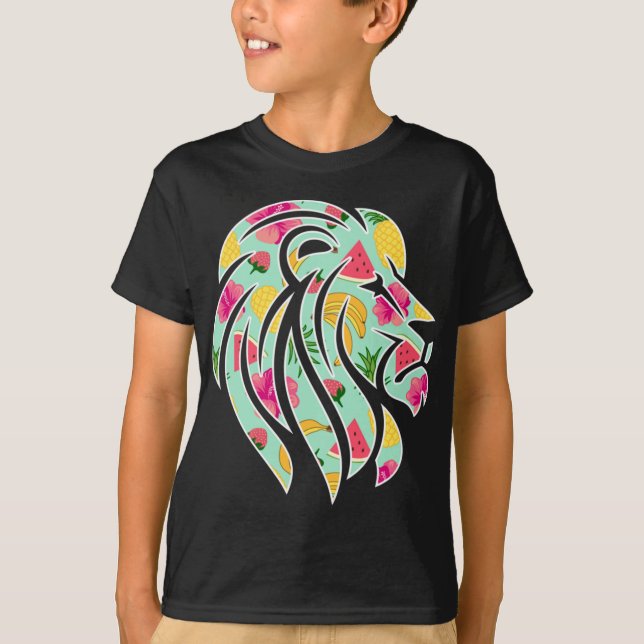 African Lion with Tropical Fruit Pattern T-Shirt (Front)