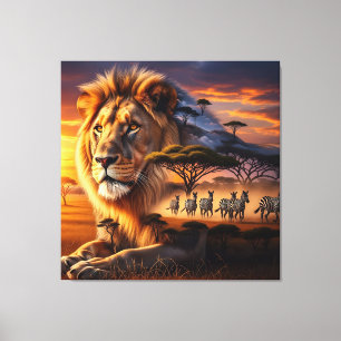 African Lion & Zebra Sunset Canvas Art