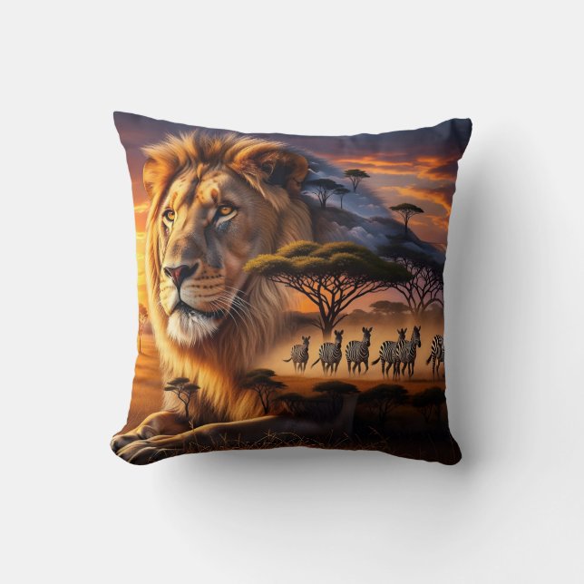 African Lion & Zebra Sunset Giraffe Pillow (Front)