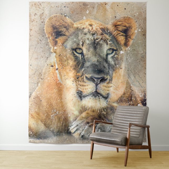 African Lioness Photography Modern Watercolor Tapestry (In Situ)