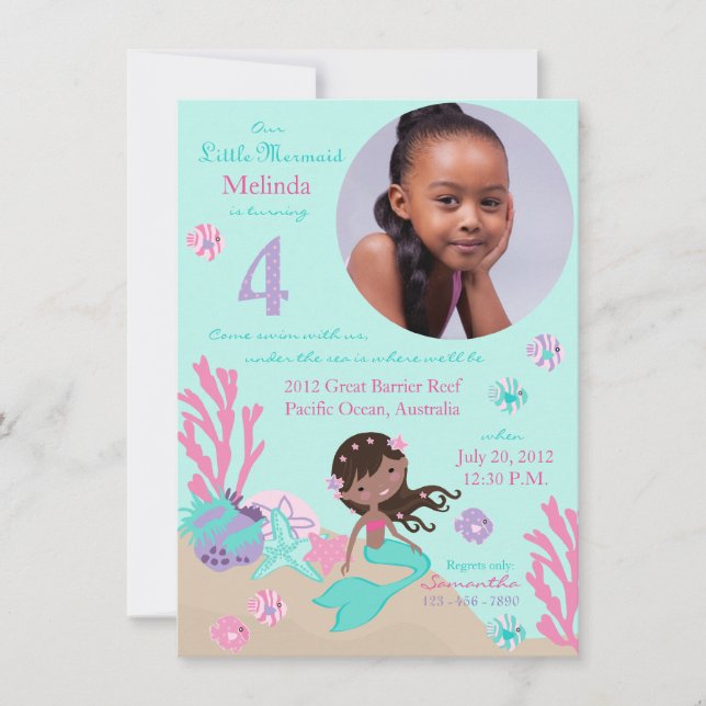 African Mermaid Fourth Birthday Invitation (Front)