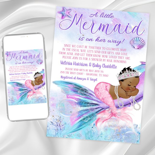 African Mermaid Long Distance Baby Shower by Mail Invitation (Cute mermaid baby shower invitation. Instant download and printed invitations available.)