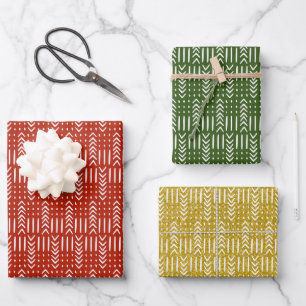 African Mud Cloth Red Green Gold Glitter Set of 3  Wrapping Paper Sheet