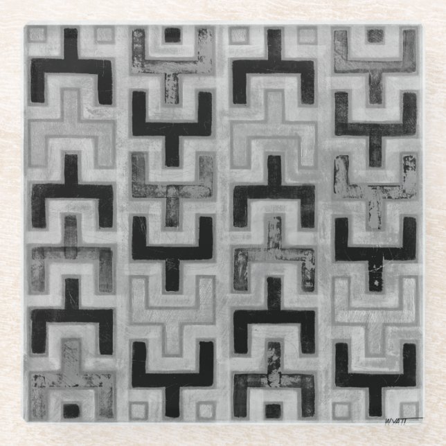 African Mudcloth Textile with Geometric Patterns Glass Coaster (Front)