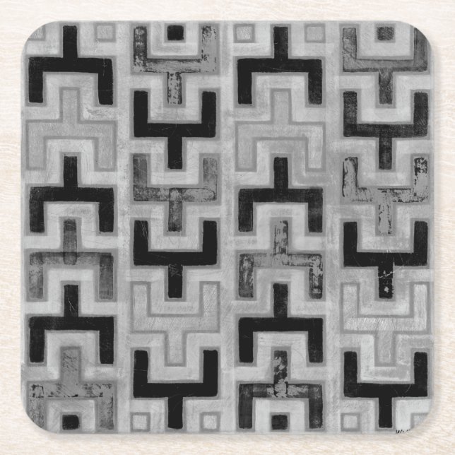 African Mudcloth Textile with Geometric Patterns Square Paper Coaster (Front)