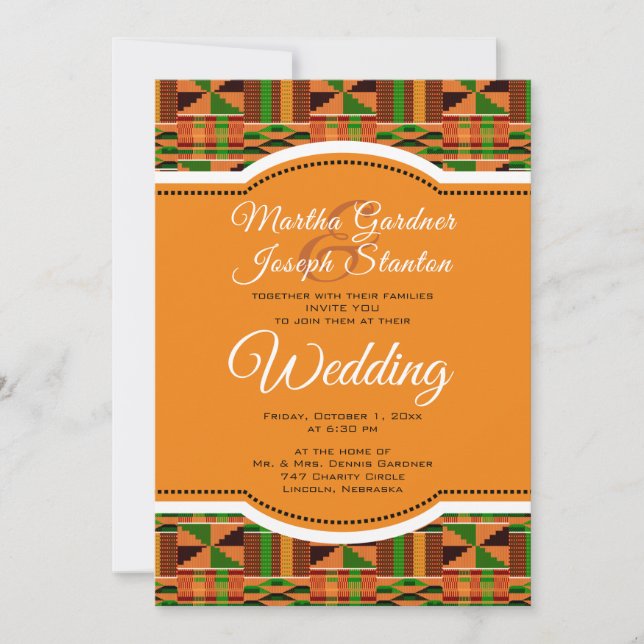 African Orange Classic Kente Cloth Wedding Invitation (Front)