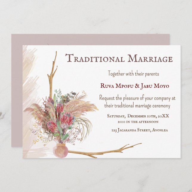 African Pampas Protea Accent Traditional Wedding  Invitation (Front/Back)