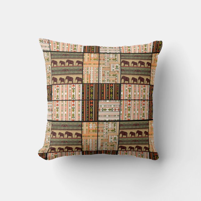 African Patchwork Elephants: Ornamental Texture Cushion (Front)