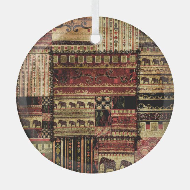African Patchwork: Grunge Print Background Glass Tree Decoration (Front)