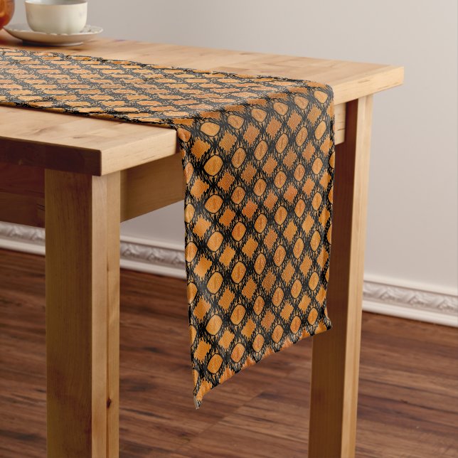 african pattern, geometric, pattern, orange,black short table runner (In Situ)