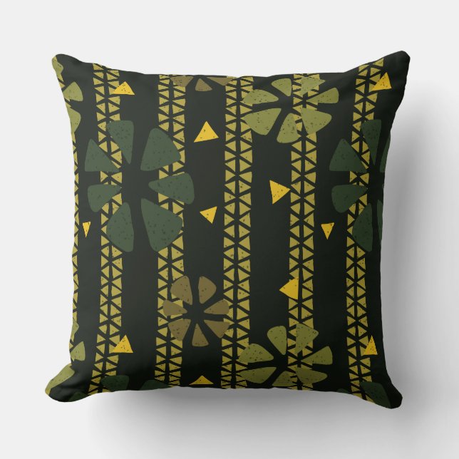 African Pattern Green, Mustard, Brown Stripe Cushion (Front)