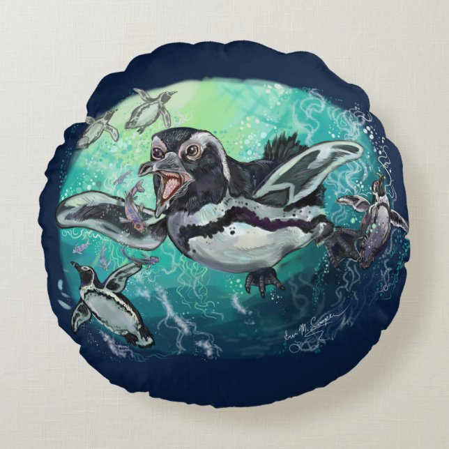 African Penguin Fishy Feast Round Cushion (Front)