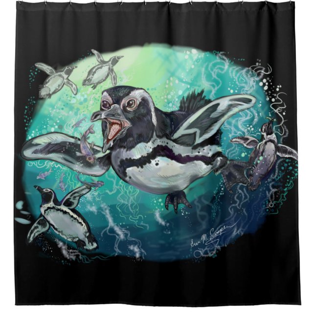 African Penguin Fishy Feast Shower Curtain (Front)