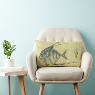 African Pompano Fish, Vintage Threadfin Trevally Lumbar Cushion