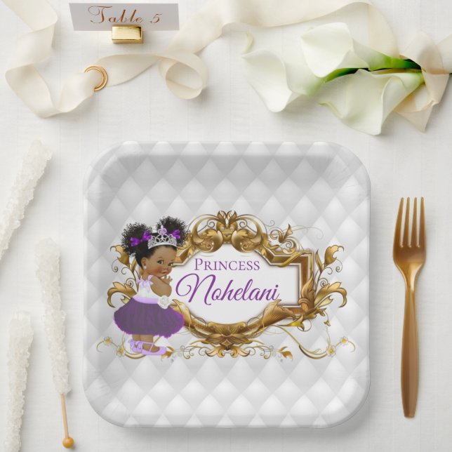 African Princess Purple | White & Gold Elegant Paper Plate (Wedding)