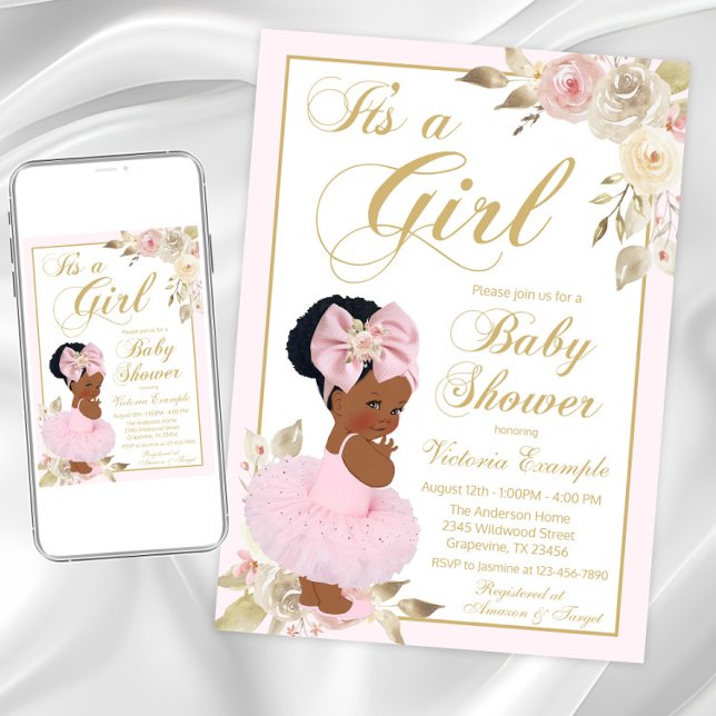 African Princess Tutu Baby Shower Invitation (Cute pink and gold tutu baby shower invitation. Instant download and printed invitations available.)