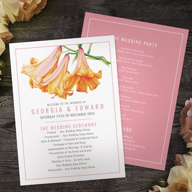 African Queen Lily orange watercolor wedding Programme (Creator Uploaded)