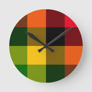 African Rasta Reggae Colours Plaid Pattern Design Round Clock